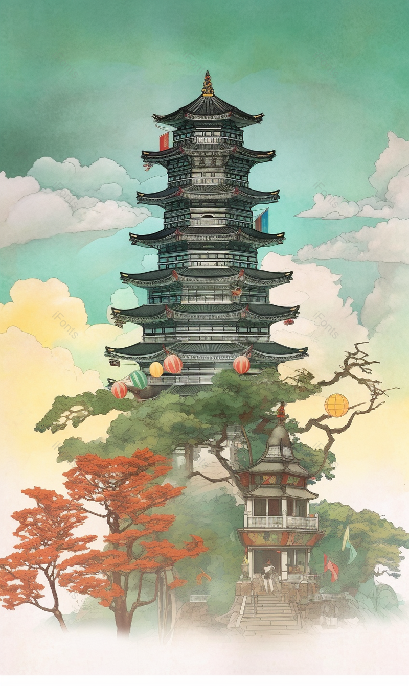 中国风祥云楼阁水墨画背景,插画/手绘图,插画/手绘图库,插画/手绘图下载,插画/手绘